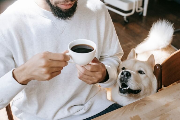 A dog leaning in to sniff a cup of morning coffee at a wooden table